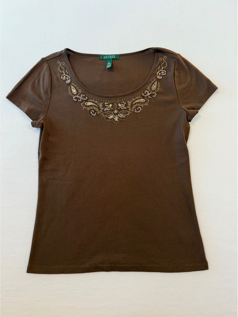 Lauren Ralph Lauren Brown Embellished Scoop Neck T-Shirt Size L